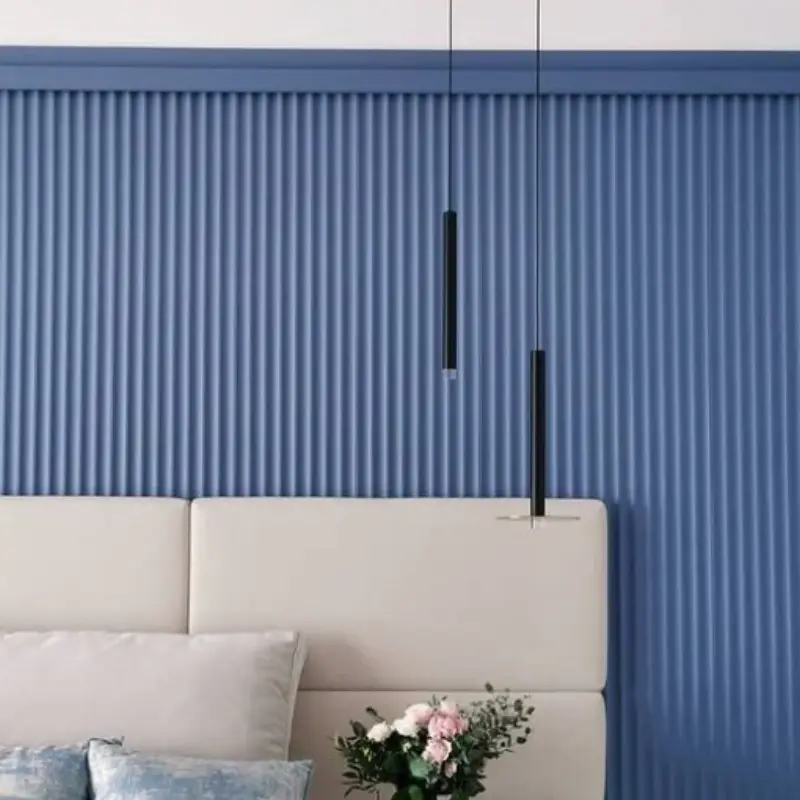 blue grooved acoustic panels bedroom