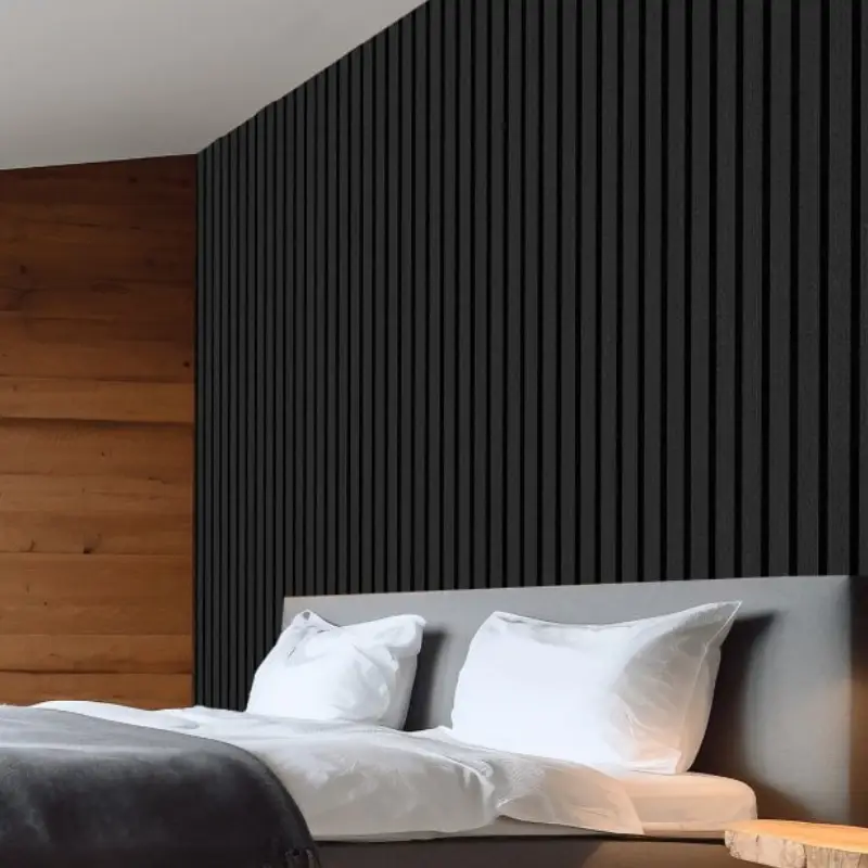 dark grey wood slat acoustic panels